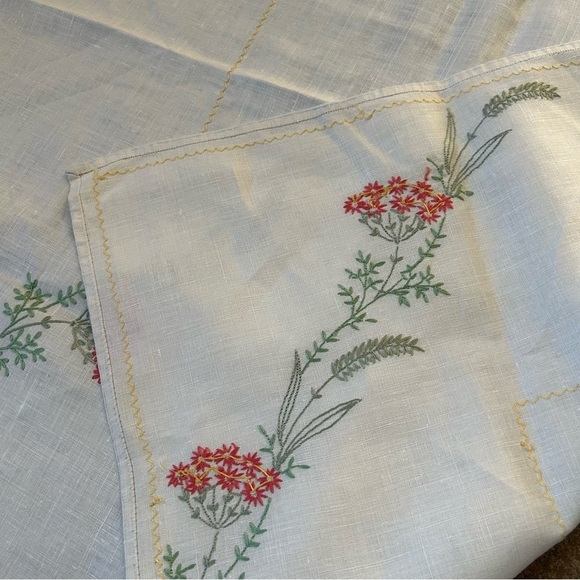 Vintage Tablecloth Linen Embroidered Floral Cottage Core Pink 33x34”